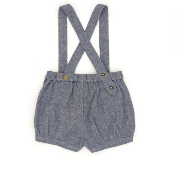 Chambray Blue Linen Suspender Shorts - Picture 3 of 10